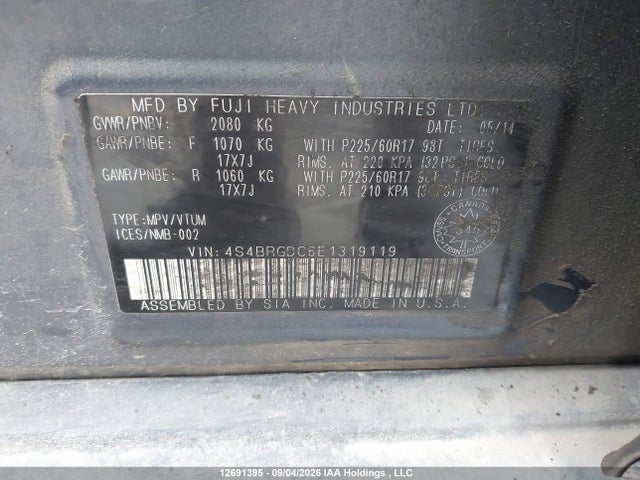 Продажа на аукционе авто 2014 Subaru Outback 2.5i Premium, vin: 4S4BRGDC6E1319119, номер лота: 12691395