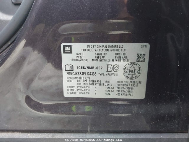 12701950 :رقم المزاد ، 3GNCJKSB4FL137336 vin ، 2015 Chevrolet Trax Ls Fwd مزاد بيع