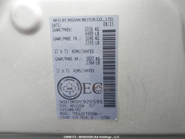 Nissan ROGUE S/SV 2015 5N1AT2MT0FC920595 Image 19