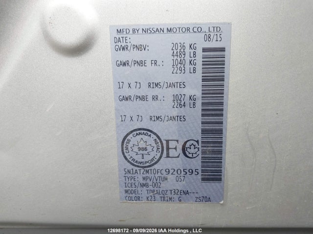 Aukcja sprzedaży 2015 Nissan Rogue S/sv, vin: 5N1AT2MT0FC920595, numer aukcji: 12698172