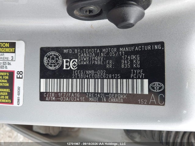 2011 Toyota Corolla Ce მანქანა იყიდება აუქციონზე, vin: 2T1BU4EE0BC628125, აუქციონის ნომერი: 12701967