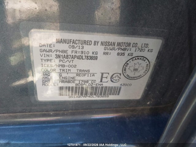 Продаж на аукціоні авто 2013 Nissan Sentra S/sv/sr/sl, vin: 3N1AB7AP4DL783659, номер лоту: 12701971