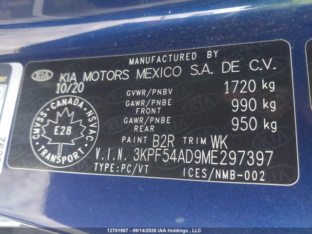 12701987 :رقم المزاد ، 3KPF54AD9ME297397 vin ، 2021 Kia Forte Ex مزاد بيع