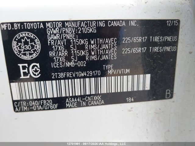2T3BFREV1GW429170 Toyota RAV4 LE