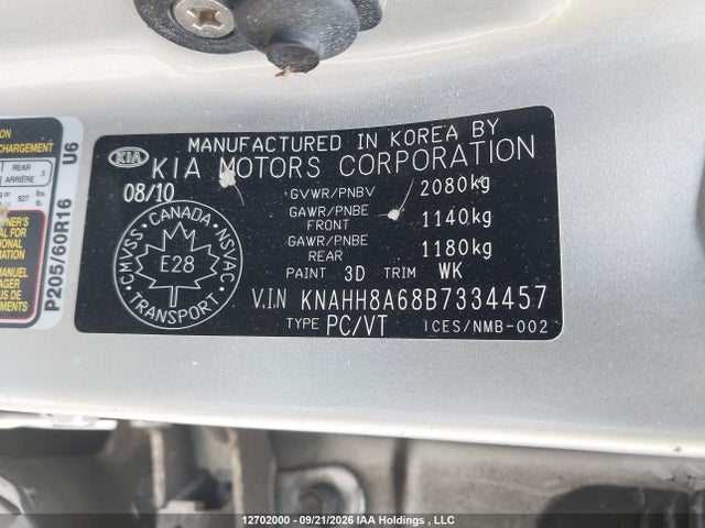 Aukcja sprzedaży 2011 Kia Rondo, vin: KNAHH8A68B7334457, numer aukcji: 12702000
