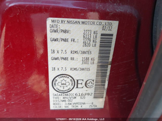 Продажа на аукционе авто 2012 Nissan Pathfinder Le/s/sv, vin: 5N1AR1NB2CC616792, номер лота: 12702011