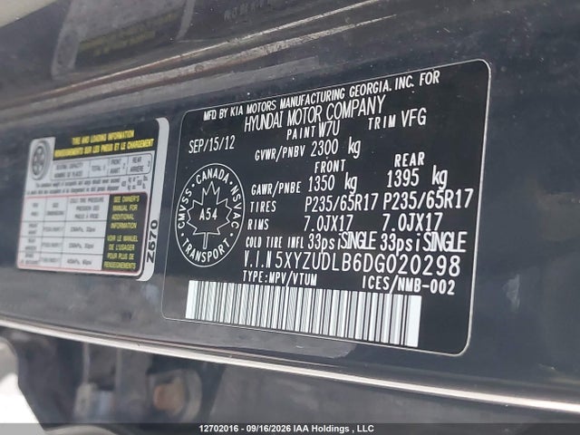 2013 Hyundai Santa Fe Sport 2.4 Premium მანქანა იყიდება აუქციონზე, vin: 5XYZUDLB6DG020298, აუქციონის ნომერი: 12702016