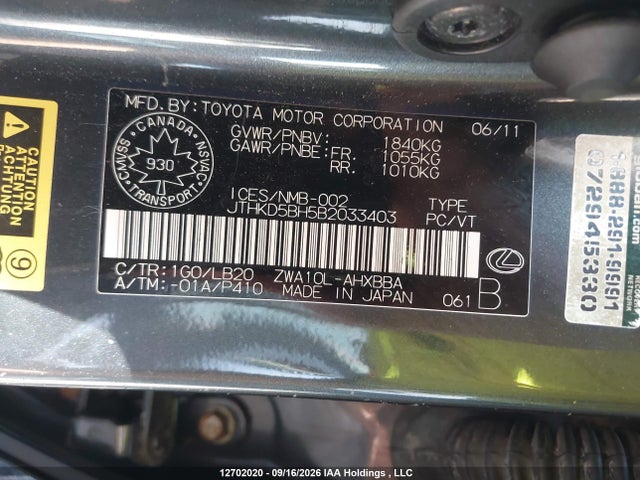 Aukcja sprzedaży 2011 Lexus Ct 200h, vin: JTHKD5BH5B2033403, numer aukcji: 12702020