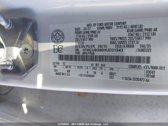 12702023 :رقم المزاد ، 1FMCU9G90HUD31543 vin ، 2017 Ford Escape Se مزاد بيع