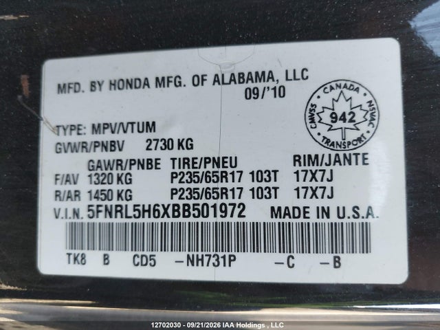 12702030 :رقم المزاد ، 5FNRL5H6XBB501972 vin ، 2011 Honda Odyssey Exl مزاد بيع