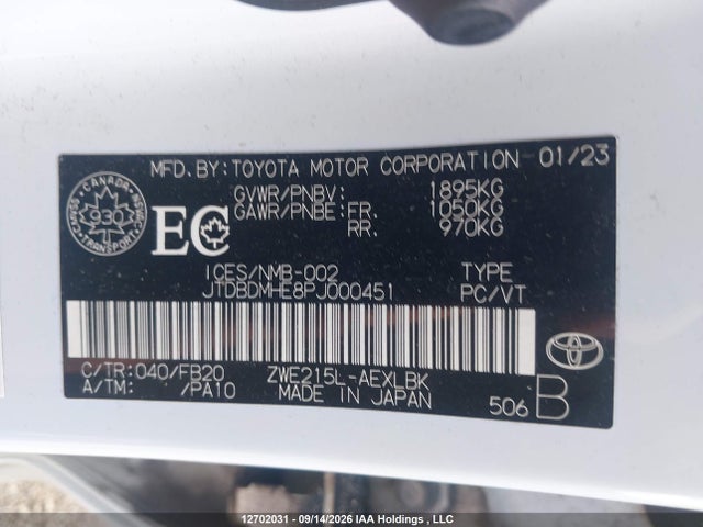 12702031 :رقم المزاد ، JTDBDMHE8PJ000451 vin ، 2023 Toyota Corolla Hybrid Le مزاد بيع
