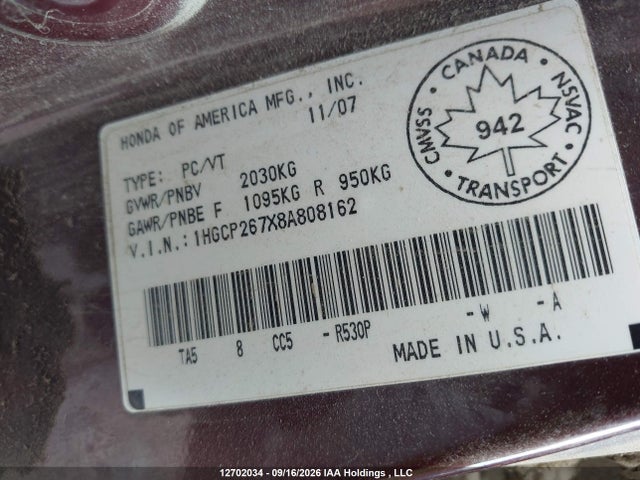12702034 :رقم المزاد ، 1HGCP267X8A808162 vin ، 2008 Honda Accord Ex مزاد بيع