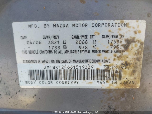 12702041 :رقم المزاد ، JM1BK12F661519339 vin ، 2006 Mazda Mazda3 Gs/gx مزاد بيع