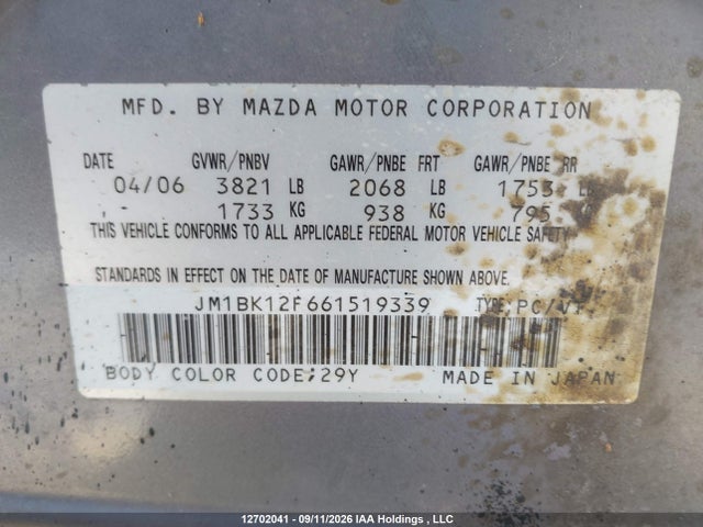 12702041 :رقم المزاد ، JM1BK12F661519339 vin ، 2006 Mazda Mazda3 Gs/gx مزاد بيع