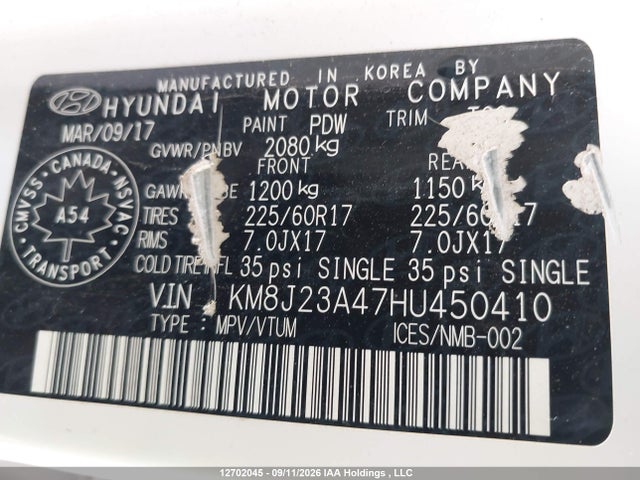 KM8J23A47HU450410 Hyundai TUCSON SE
