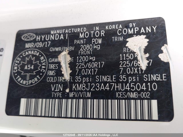 KM8J23A47HU450410 Hyundai TUCSON SE