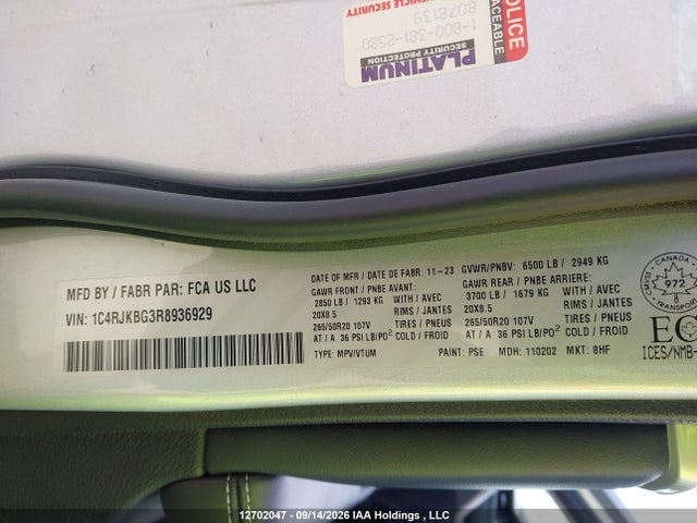 Продаж на аукціоні авто 2024 Jeep Grand Cherokee L Limited, vin: 1C4RJKBG3R8936929, номер лоту: 12702047