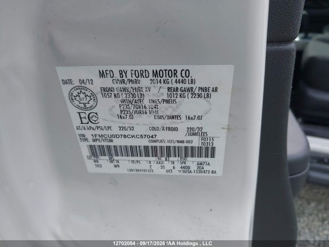 12702054 :رقم المزاد ، 1FMCU0D78CKC57047 vin ، 2012 Ford Escape Xlt مزاد بيع