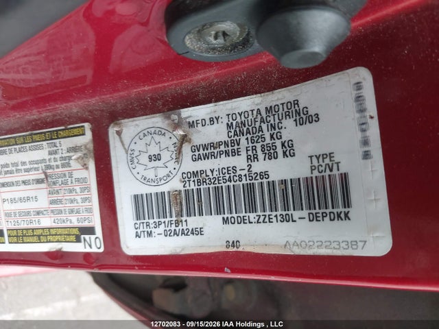 12702083 :رقم المزاد ، 2T1BR32E54C815265 vin ، 2004 Toyota Corolla Ce/le/s مزاد بيع
