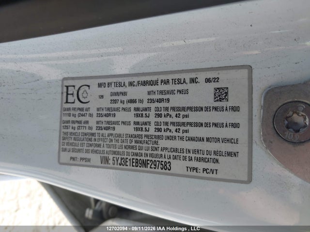 5YJ3E1EB9NF297583 Tesla MODEL 3