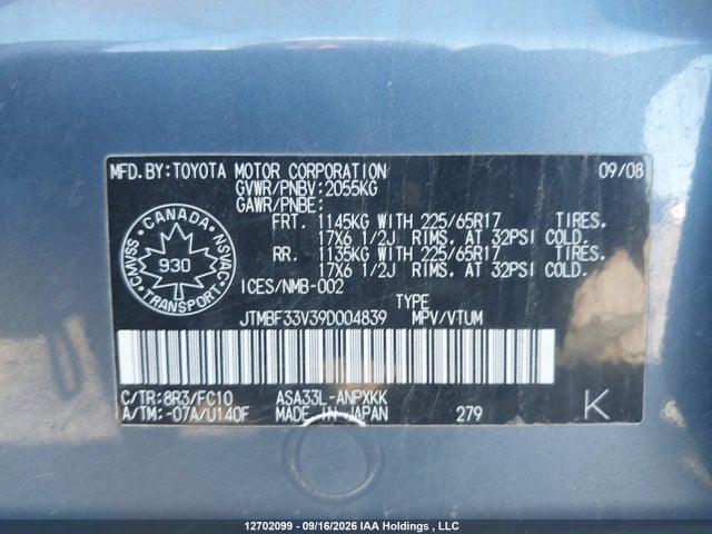 2009 Toyota Rav4 მანქანა იყიდება აუქციონზე, vin: JTMBF33V39D004839, აუქციონის ნომერი: 12702099