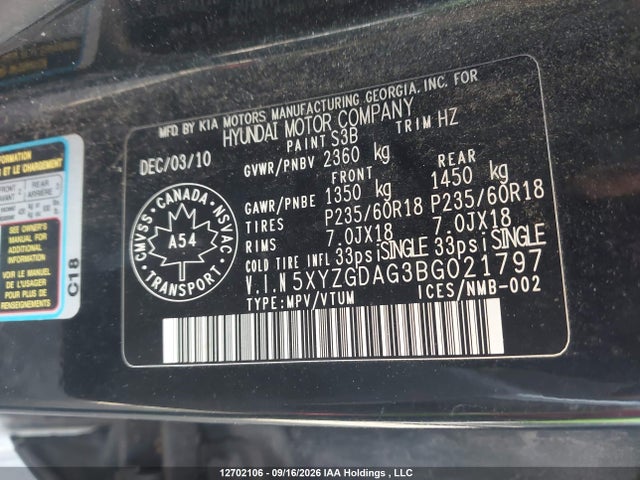 2011 Hyundai Santa Fe მანქანა იყიდება აუქციონზე, vin: 5XYZGDAG3BG021797, აუქციონის ნომერი: 12702106