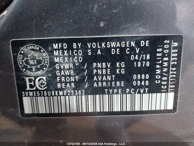 12702108 :رقم المزاد ، 3VWE57BU8KM023362 vin ، 2019 Volkswagen Jetta مزاد بيع