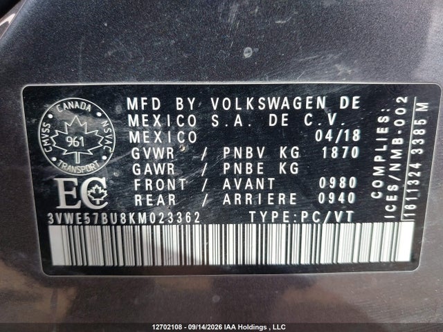 12702108 :رقم المزاد ، 3VWE57BU8KM023362 vin ، 2019 Volkswagen Jetta مزاد بيع