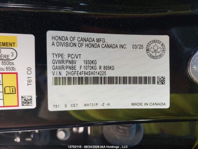 Honda Civic 2025 2HGFE4F84SH014225 Image 20
