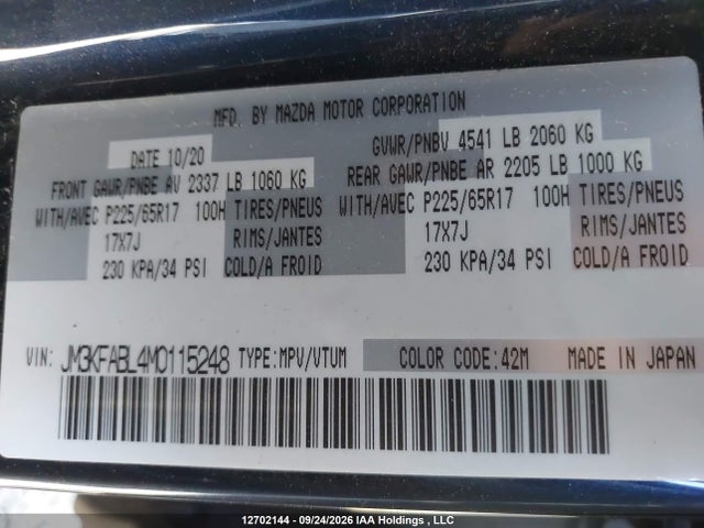 12702144 :رقم المزاد ، JM3KFABL4M0115248 vin ، 2021 Mazda Cx-5 مزاد بيع