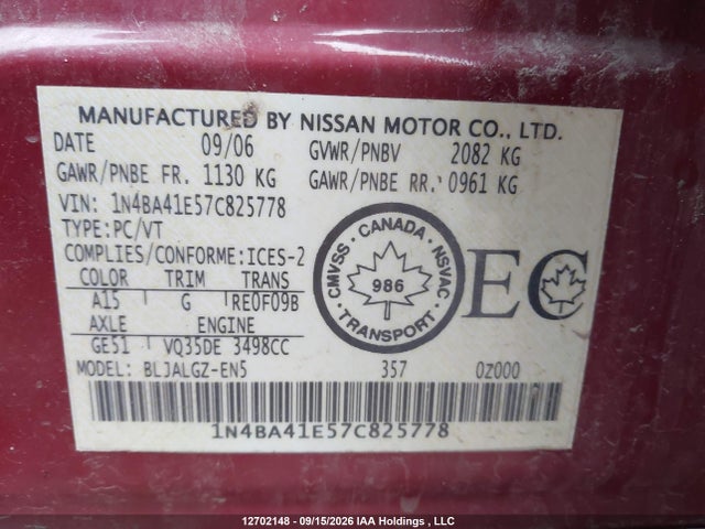 Aukcja sprzedaży 2007 Nissan Maxima Se/sl, vin: 1N4BA41E57C825778, numer aukcji: 12702148