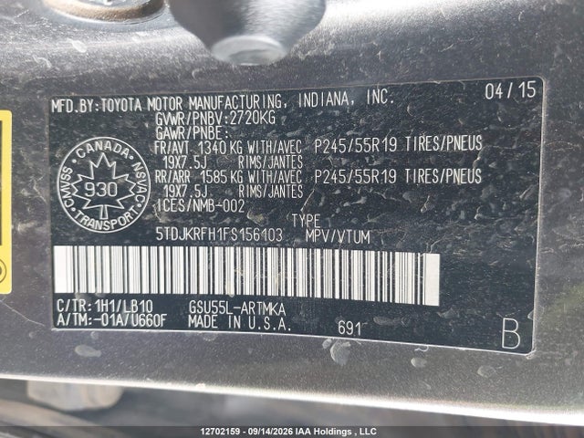 12702159 :رقم المزاد ، 5TDJKRFH1FS156103 vin ، 2015 Toyota Highlander Xle مزاد بيع