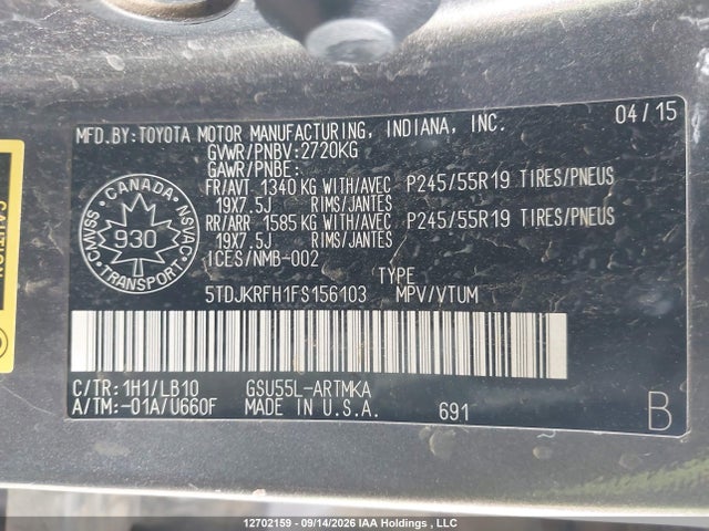 12702159 :رقم المزاد ، 5TDJKRFH1FS156103 vin ، 2015 Toyota Highlander Xle مزاد بيع