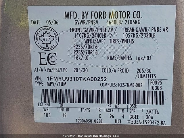 Продажа на аукционе авто 2007 Ford Escape Xlt, vin: 1FMYU93107KA00252, номер лота: 12702161
