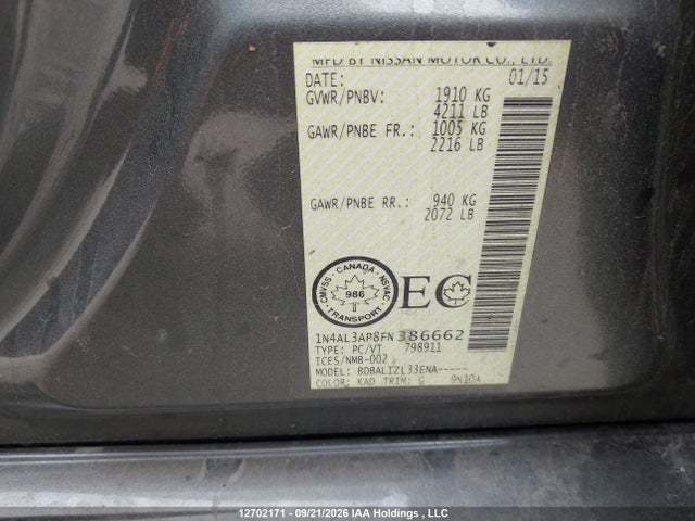 12702171 :رقم المزاد ، 1N4AL3AP8FN386662 vin ، 2015 Nissan Altima مزاد بيع