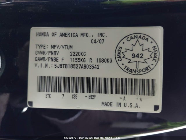 Aukcja sprzedaży 2007 Acura Rdx Technology, vin: 5J8TB18527A803542, numer aukcji: 12702177