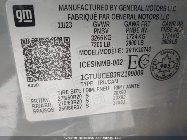 12702179 :رقم المزاد ، 1GTUUCE83RZ199009 vin ، 2024 Gmc Sierra 1500 مزاد بيع