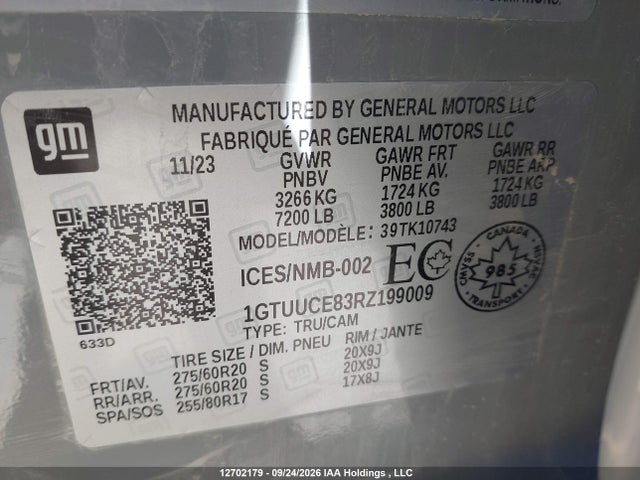 12702179 :رقم المزاد ، 1GTUUCE83RZ199009 vin ، 2024 Gmc Sierra 1500 مزاد بيع