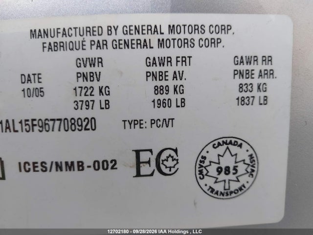 12702180 :رقم المزاد ، 1G1AL15F967708920 vin ، 2006 Chevrolet Cobalt Lt مزاد بيع