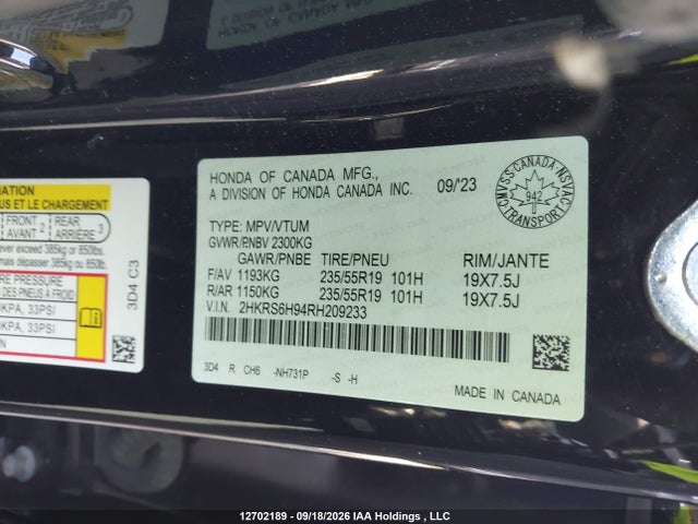 Продажа на аукционе авто 2024 Honda Cr-v Touring Hybrid, vin: 2HKRS6H94RH209233, номер лота: 12702189
