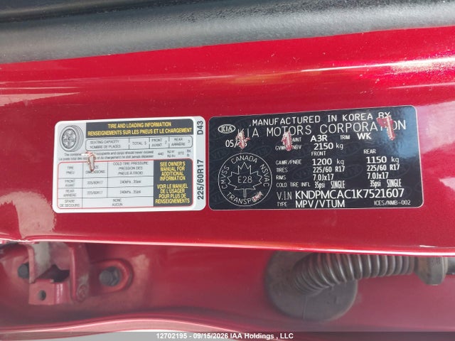 12702195 :رقم المزاد ، KNDPMCAC1K7521607 vin ، 2019 Kia Sportage Lx مزاد بيع