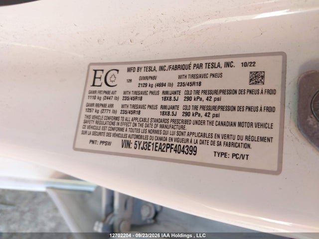 Tesla Model 3 Rwd 2023 5YJ3E1EA2PF404399 Image 9