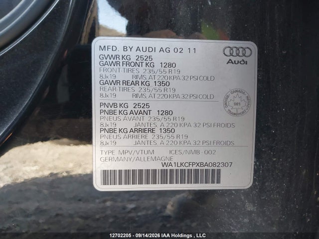 12702205 :رقم المزاد ، WA1LKCFPXBA082307 vin ، 2011 Audi Q5 3.2 Premium مزاد بيع