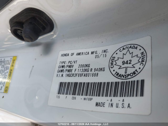 Продажа на аукционе авто 2015 Honda Accord Touring, vin: 1HGCR3F99FA801668, номер лота: 12702210