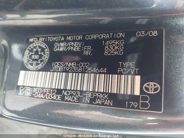 12702236 :رقم المزاد ، JTDBT923581254644 vin ، 2008 Toyota Yaris مزاد بيع