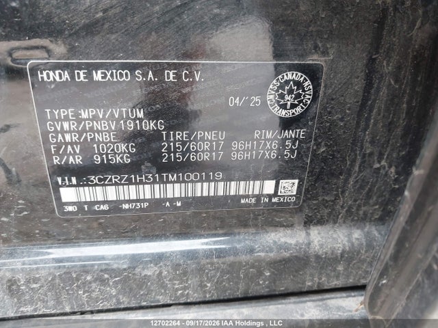 2026 Honda Hr-v Lx 2wd მანქანა იყიდება აუქციონზე, vin: 3CZRZ1H31TM100119, აუქციონის ნომერი: 12702264