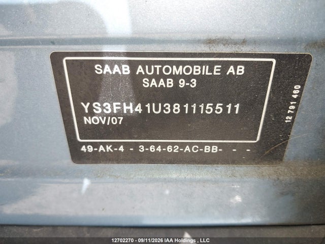 Продажа на аукционе авто 2008 Saab 9-3 Aero, vin: YS3FH41U381115511, номер лота: 12702270