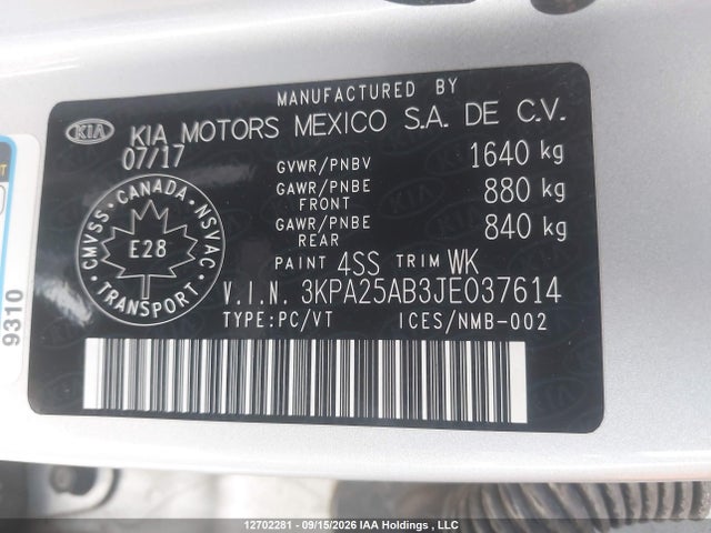 12702281 :رقم المزاد ، 3KPA25AB3JE037614 vin ، 2018 Kia Rio Lx/s مزاد بيع