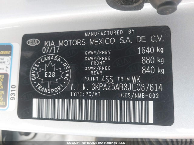12702281 :رقم المزاد ، 3KPA25AB3JE037614 vin ، 2018 Kia Rio Lx/s مزاد بيع