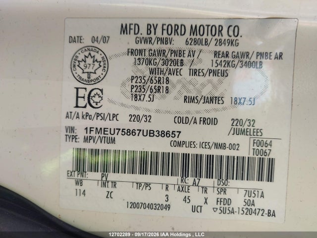 Продаж на аукціоні авто 2007 Ford Explorer Limited, vin: 1FMEU75867UB38657, номер лоту: 12702289